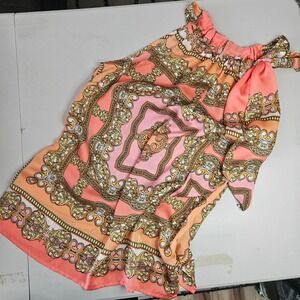 Vintage Cache Baroque Scarf Print Halter Top Coral Orange Side Tie XS Y2K